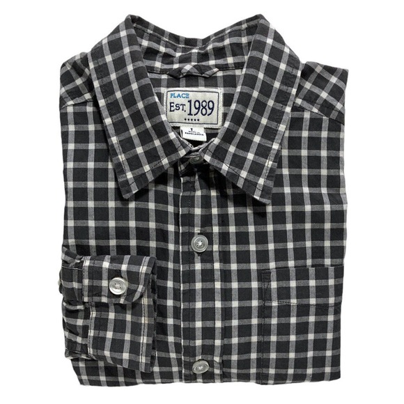 PLACE Size 10 12 Boys DRESS SHIRT Children's Place Plaid Button Up Black White - Picture 1 of 11